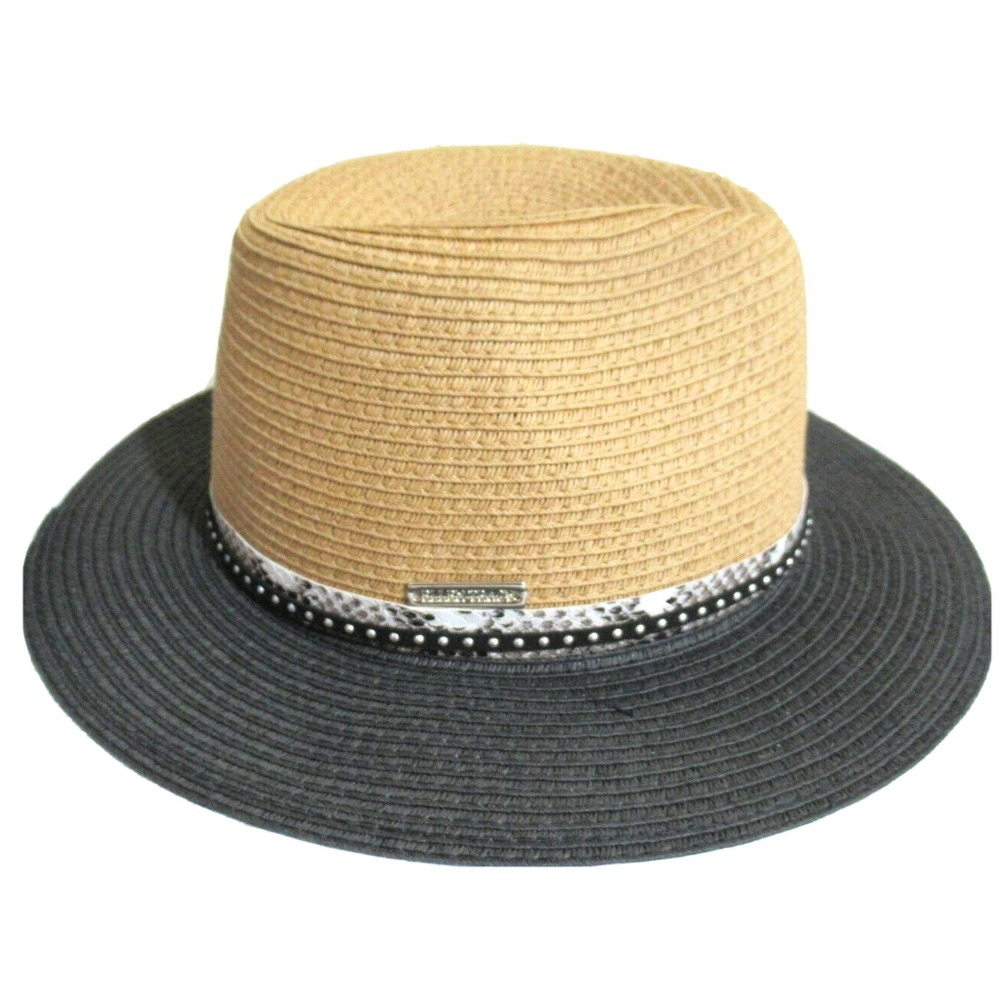 Ellen Tracy Black & Tan Straw Hat White Snake Print Band New No Tags One Size